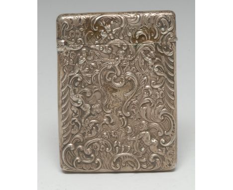 A Victorian silver rounded rectangular visiting card case, embossed with scantily clad putti amongst leafy scrolls and trelli