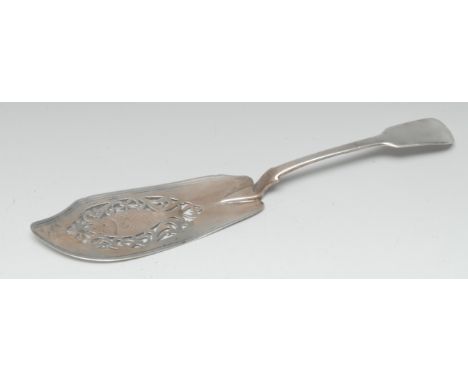 A George III  silver Fiddle pattern  fish slice, the blade pierced with fish amongst scrolls, Josiah &amp; George Piercy, Lon