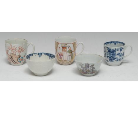 A Worcester tea bowl, finely potted, and transfer-printed after designs by Robert Hancock and then picked out in polychrome e