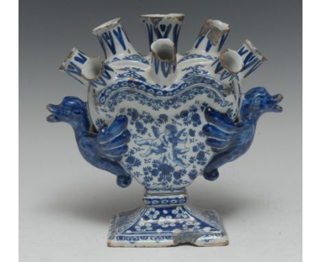 A Dutch Delft blue and white tulip vase, possibly De Metale Pot Factory, the heart-shaped body surmounted by five nozzles of 