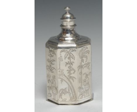 A George V silver octagonal tea caddy, of 17th century design, screw-fitting cover, the sides engraved in the chinoiserie tas