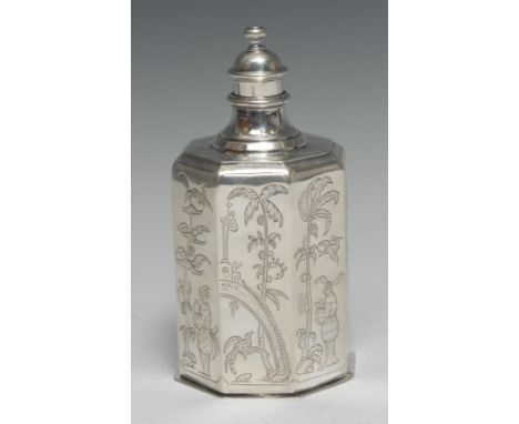 A George V silver octagonal tea caddy, of 17th century design, screw-fitting cover, the sides engraved in the chinoiserie tas