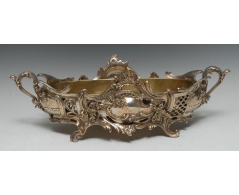 An Art Nouveau style boat shaped flower trough, pierced and cast with flowers and scrolls, 48cm wide