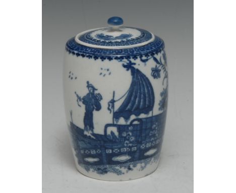A Caughley Fisherman and Cormorant pattern barrel-shaped tea canister and cover, printed in underglaze blue, cell border, kno