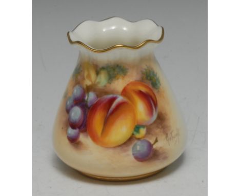 A Royal Worcester spreading cylindrical vase, with pie crust rim, painted by Roberts,  signed, with peaches and grapes on a m