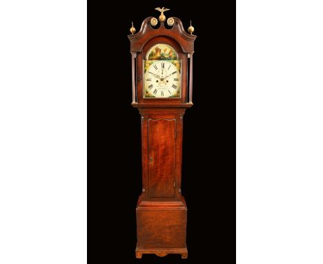 A George III Welsh oak longcase clock, 31cm arched painted dial inscribed W.Williams, Pontypool, painted to the arch with mar