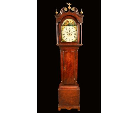 A George III Welsh oak longcase clock, 31cm arched painted dial inscribed W.Williams, Pontypool, painted to the arch with mar