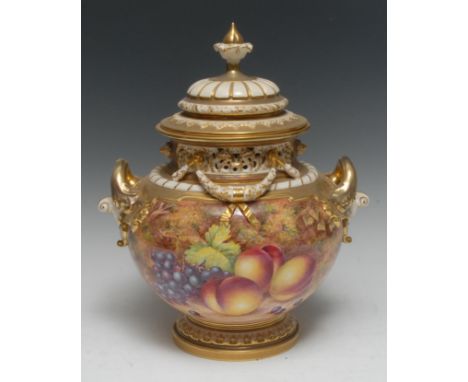 A Royal Worcester ovoid two-handled pot pourri vase and cover, painted by Freeman, signed, with ripe peaches and  damsons on 