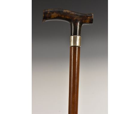 A Victorian silver and tortoiseshell mounted walking stick, curved L-shaped handle, the ferrule inscribed A Tillett, Osborne 