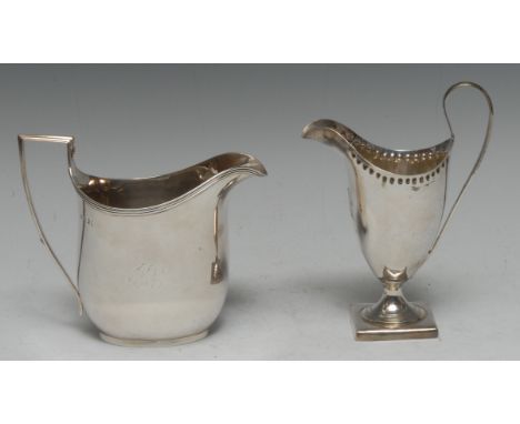 A George III silver helmet shaped creamer jug, high loop handle, square base, 14cm high, London 1813, 3oz;  another,angular h