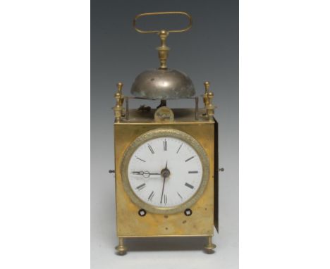 A rare late 18th century Capuncine brass alarm clock, white dial, Roman numerals, steel hands and alarm marker, eight day Fre