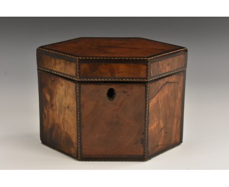 A Regency walnut tea caddy,  of elongated hexagonal form, barber pole stringing, 17.5cm wide,  c.1830 