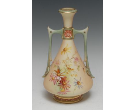 A Royal Worcester two handled ovoid vase, printed and painted with flowers and insects, on a blush ivory ground, angular hand