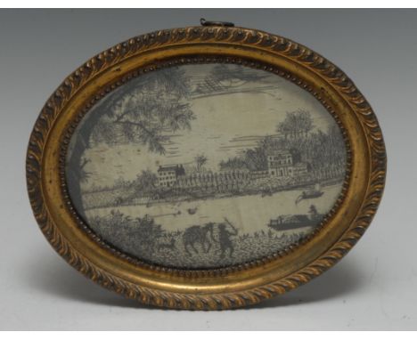 A George III oval topographical silkwork picture, embroidered in black silk threads on an ivory ground, indistinctly inscribe