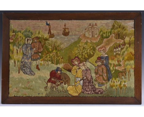 A Victorian Medieval Revival needlework picture, worked in coloured threads with a courtly hunting scene, 42cm x 67cm, oak fr