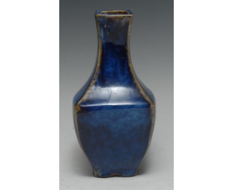 A Chinese Jun ware flattened square baluster vase, glazed in merging tones of blue with ochre angles, 19.5cm high, late 19th/