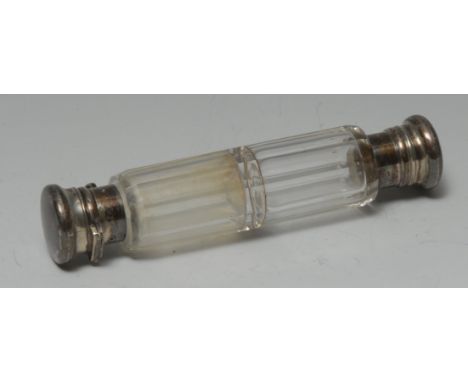 A 19th century silver coloured metal mounted double-ended scent bottle, hinged and screw-fitting covers, 14.5cm long, c.1880