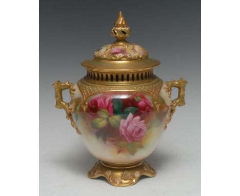 A Royal Worcester lobed ovoid pot pourri vase and cover, painted with H Markin, signed, with roses and foliage, in relief wit