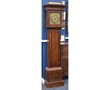 A George II Staffordshire oak longcase clock, square brass dial 11in (27.5cm) dial with Roman and Arabic chapters, cast brass