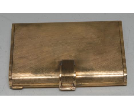 A Continental silver-gilt rounded rectangular vanity case, engine turned overall, hinged cover enclosing a mirror and an arra