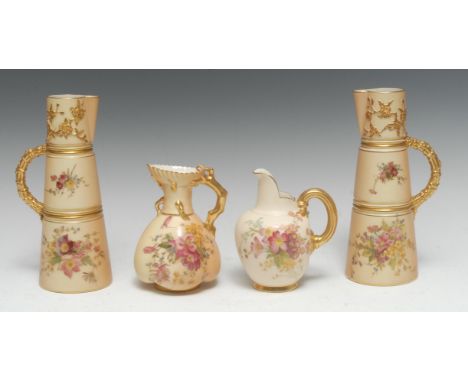 A pair of  Royal Worcester blush ivory spreading cylindrical jugs, printed and painted with flowers and foliage, gilt loop ha