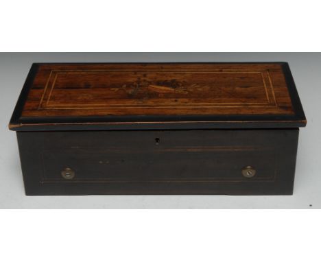 A 19th century Swiss rosewood musical box, the 20.5cm cylinder playing on a one-piece comb, hinged cover inlaid with a musica