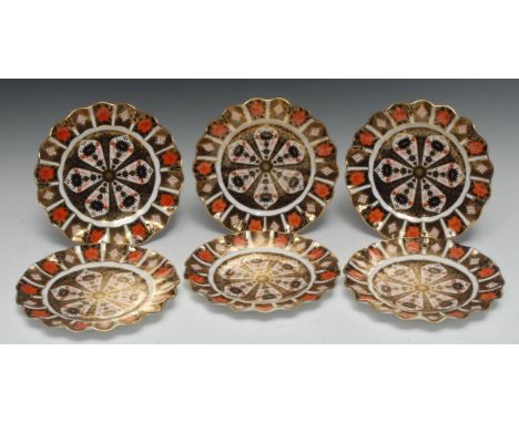 A set of six Royal Crown Derby 1128 pattern wavy edge plates, 21cm diam, printed marks