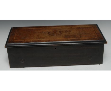 A 19th century Swiss rosewood and marquetry rectangular music box, 27cm cylinder playing on a one-piece comb, hinged cover in