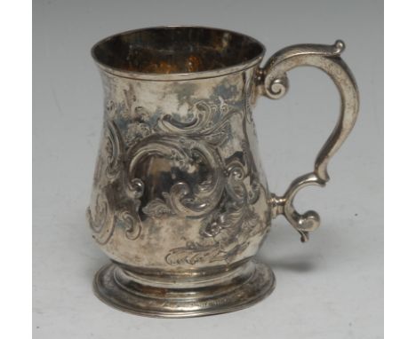  A George II silver christening mug, later  embossed with swags and flowers,  monogrammed cartouche GRP, skirted base, 9.5cm 