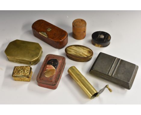 A 19th century burr wood rounded rectangular snuff box, hinged cover applied with a gilt metal shield shaped cartouche, 10.5c