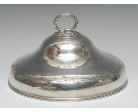 A Victorian silver ogee dish cover, branch-loop handle, bright-cut engraved with a band of vine, 22cm diam, Samuel Smily, Lon