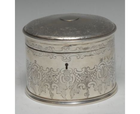 A Victorian silver cylindrical tea caddy, hinged lockable cover, engraved with bands of leafy scrolls and diapers, 11cm diam,