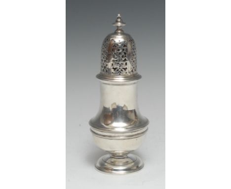 A George II silver baluster sugar caster, of substantial gauge, knop finial, pierced bell shaped cover, domed circular foot, 