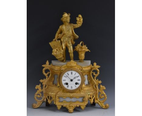A French figural mantel clock, the 8cm enamelled dial with Roman numerals, signed ]achev[    /a Courville, Breguet hands, 14 