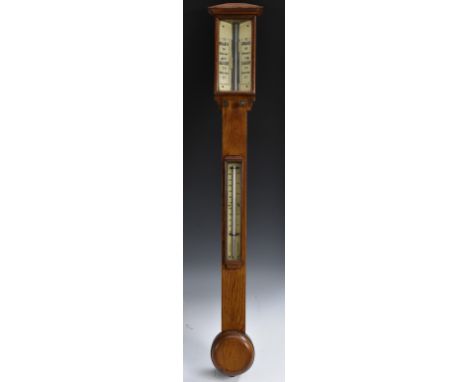 A late Victorian stick oak barometer, depressed pyrimidal top, rectangular bevelled glass to ivorine double scale with twin a