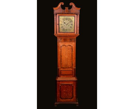 A George III oak and mahogany longcase clock, 31cm square brass dial inscribed Cooper, Derby, Roman and Arabic numerals, subs