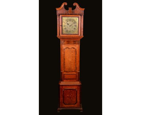 A George III oak and mahogany longcase clock, 31cm square brass dial inscribed Cooper, Derby, Roman and Arabic numerals, subs