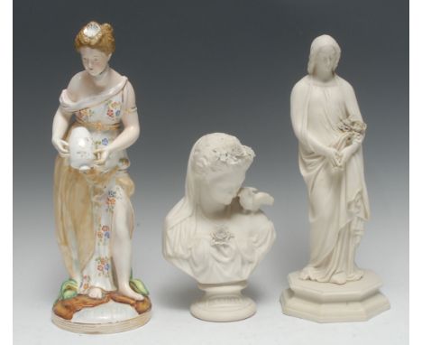 A John Bevington Meissen style figure, of a lady standing with upturned vase, her dress with stylised flowers, gilt line circ