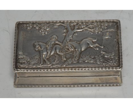 An early 20th century silver rectangular novelty snuff box, the hinged cover embossed with an equestrian scene, import marks 