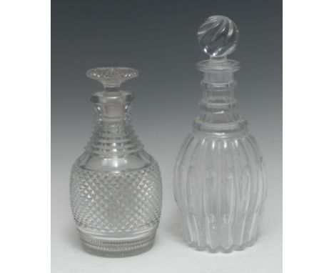 A 19th century Le Creusot lobed ovoid decanter, triple ring neck, globular stopper, 31cm high; another, heavy hobnail cut, st
