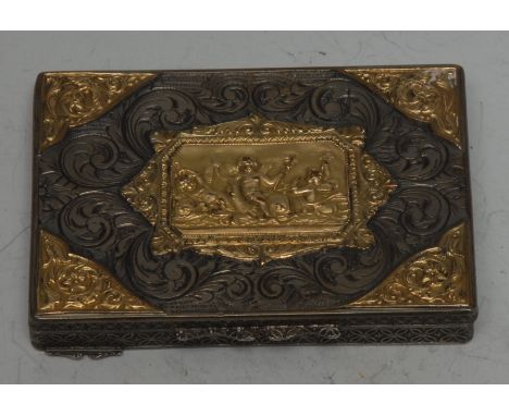 A 19th century Renaissance Revival silver rectangular snuff box, the hinged cover centred by a gilt-metal shaped plaque repou