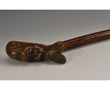 Folk Art - a 19th century novelty hedgerow walking stick, boldly carved with the head of a stylized Moor wearing a turban and