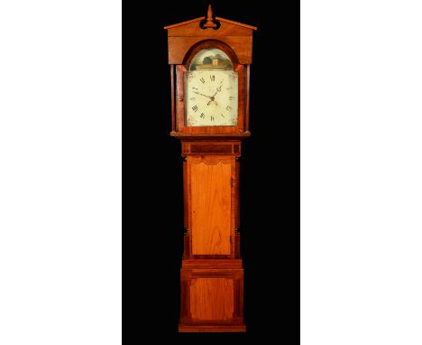 An oak and mahogany George III inlaid long case clock, painted round dial, Roman chapter, signed [      ]/Derby, 30 hour move