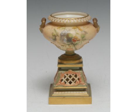 A Royal Worcester pedestal two-handled ogee shaped vase, pierced spreading square base, 13cm high, crown and circle mark in p