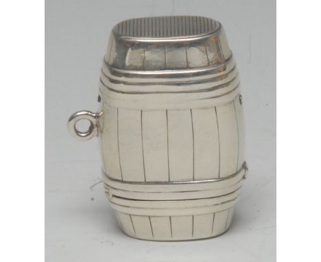 A Victorian silver novelty vesta case, as a coopered barrel, hinged cover, striker to base, 4.5cm long, William Summers, Lond