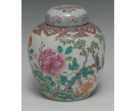 A Chinese famille rose porcelain ovoid ginger jar and cover, of small proportions, painted in polychrome enamels with a boldl