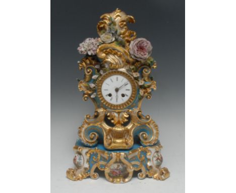 A 19th century French porcelain cartouche-shaped clock, 7cm enamel dial inscribed with Roman numerals, twin-winding holes, 14