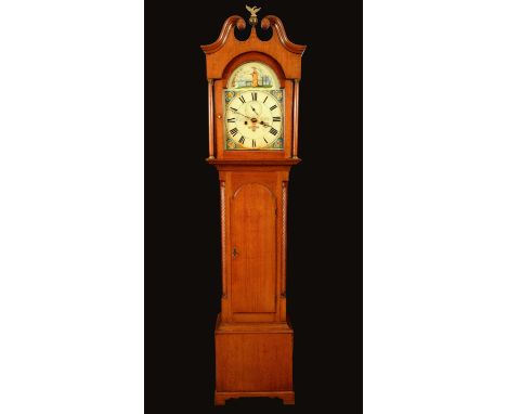 A George III Scottish oak longcase clock, 30cm arched painted dial inscribed Wm Gerrard, Turriff, Roman numerals, the arch pa