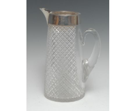 A Victorian silver mounted hobnail-cut clear glass tapered cylindrical lemonade jug, star-cut base, 23.5cm high, Drew &amp; S