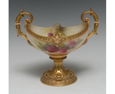 A Royal Worcester two handled pedestal boat shaped vase, painted by Kitty Blake, signed, with roses and foliage, gilt acanthu